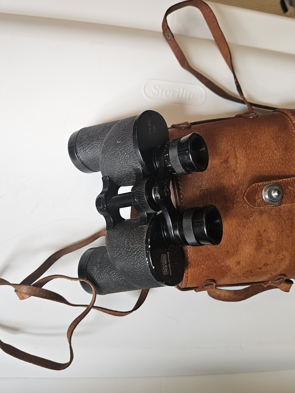 Classic Black Binoculars With Brown Leather Case
